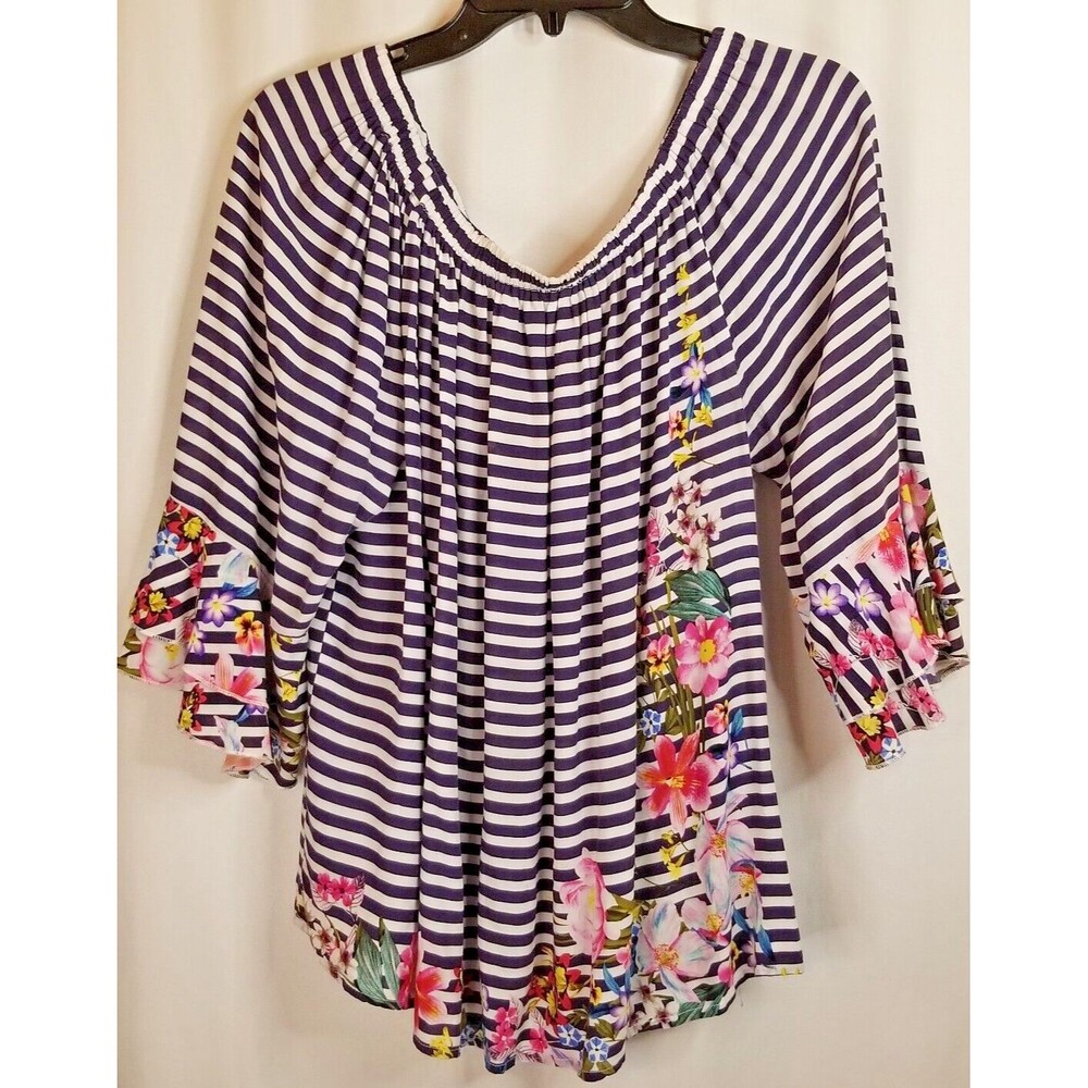 Grand & Greene Top Striped & Floral Off Shoulder Blouse Ruffle Edge Sleeve 1X